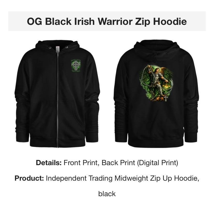 OG Black Irish Warrior Zip Hoodie