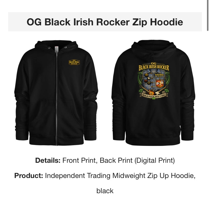 OG Black Irish Rocker Zip Hoodie